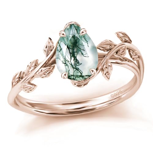 Natural Moss Agate Ring for Women 14K Rose Gold Pear Green Moss Agate Engagement Ring in Sterling Silver Wedding Promise Ring Jewelry Gift for Women,Ring Size 8