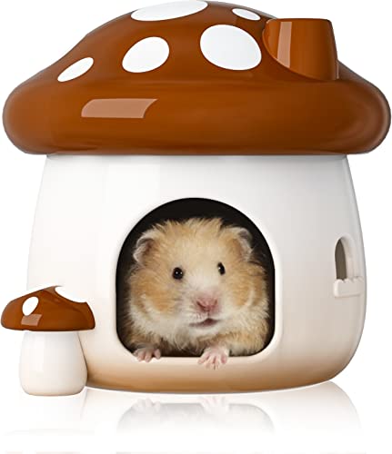 BUCATSTATE Hamster Hideout Ceramic, Mushroom Shape Hamster House and Habitats Cool Bed Ideal for All Season Dwarf Hamster Gerbil Mice Golden Bear (Brown-Large)