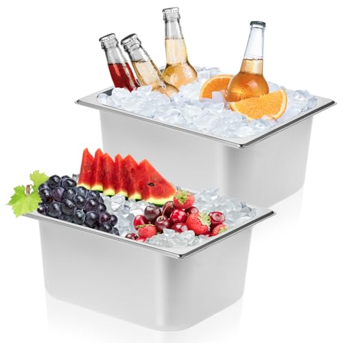 JUXYES Pack of 2 Strainless Steel Beverage Tub for Parties, Large Beer Ice Buckets Drink Cooler, Metal Champagne and Vine Buckets Drink Chiller, Rectangular Ice Storage Tub Ice Cube Bin