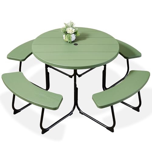 Best Choice Products 8-Person Outdoor Bench Patio Picnic Table, Circular w/ 4 Built-in Benches and Umbrella Hole, 2000lb Capacity - Green