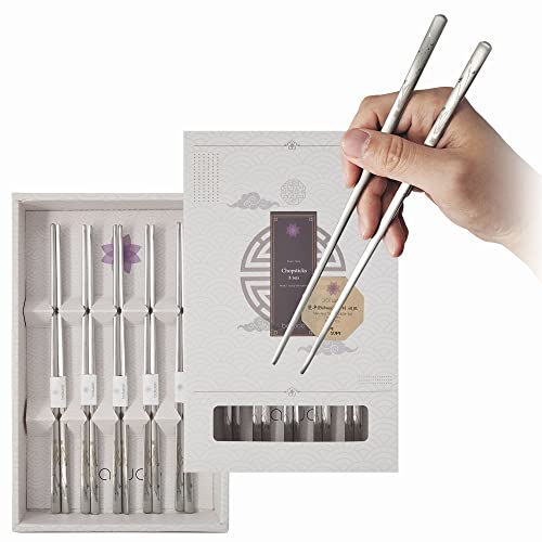 BALWOO Korean Flat Chopsticks [5 Sets][Made in Korea] 304 Premium Stainless Steel Mukbang Utensil Cutlery Silverware Metal Chopsticks (Orchid Painting)