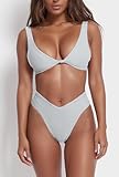 geluboao White Bikini Sets for Women High Waisted Thong Bikini Bottom Sexy V Neck Solid Kont Front Padded Push Up Bikini Tops M