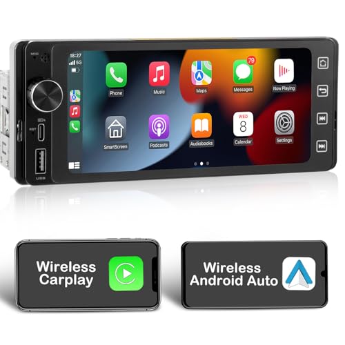 Single Din Touchscreen Radio Wireless Apple Car Play Wireless Android Auto, 6.2 in Single Din Car Stereo with Mirror Link Bluetooth FM GPS Navigation SWC EQ