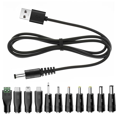 Universal Charger Power Core, 5V USB to DC 5.5x2.1mm, Charging Cable with 11 Connectors (Micro-USB, Type-C, Mini USB, 2.5x0.7, 3.0x1.1, 3.5x1.35, 4.0x1.7, 4.8x1.7, 5.5x2.5), 3.3FT