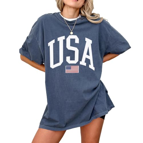 USA T-Shirt for Men, Women, Unisex - Vintage American Flag Graphic Tee - Patriotic Short Sleeve Crew Neck Top - 100% Cotton (Denim, Large)