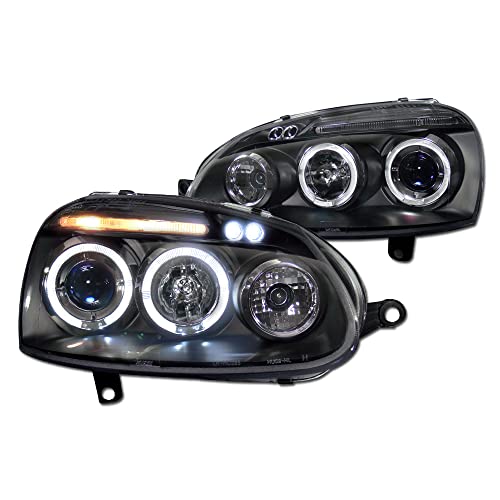TLAPS 7422438069030 Compatible With 2006-2009 VW Golf Rabbit/GTI / R32 / Jetta/GLI MK5 Black Housing Halo Projector Headlights With LED