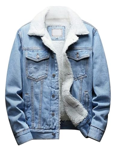 Omoone Men's Lapel Sherpa Fleece Lined Thicken Denim Jean Trucker Jacket Coats (0176-Light Blue-L)