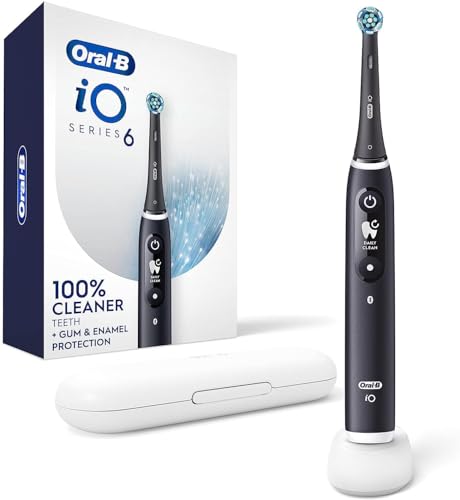 Oral-B iO Series 6 Rechargeable Electric Toothbrush with Visible Pressure Sensor to Protect Gums, 2 Minute Timer, 5 Cleaning Settings, 1 Replacement Toothbrush Head, and Travel Case, Black