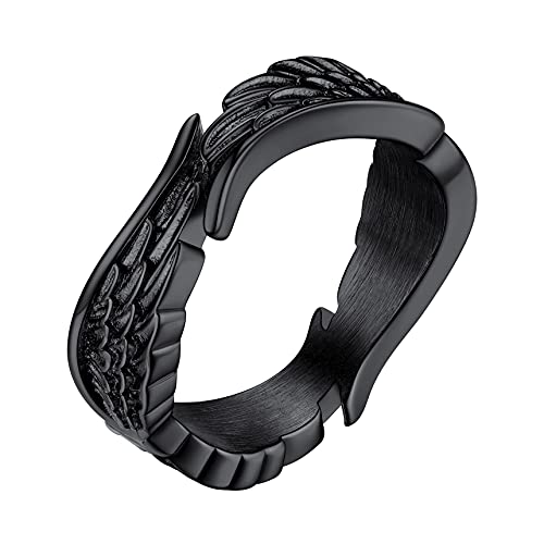 Bestyle Antique Finish Black Rhodium Plated Feather Angel Wing Ring Hypoallergenic Unisex Black Band Rings, Vintage Promise Ring Statement Jewelry for Husband/Wife/Lovers/Couple, Size 7