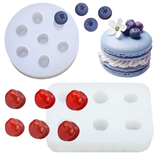 2 PCS Fruit Shaped Molds Cherry Silicone Mold Blueberry Silicone Mold Fruit Chocolate Cake Decorating Silicone Molds 3d Simulation Cherry Fondant Molds for Cake Cupcake Topper Decoration