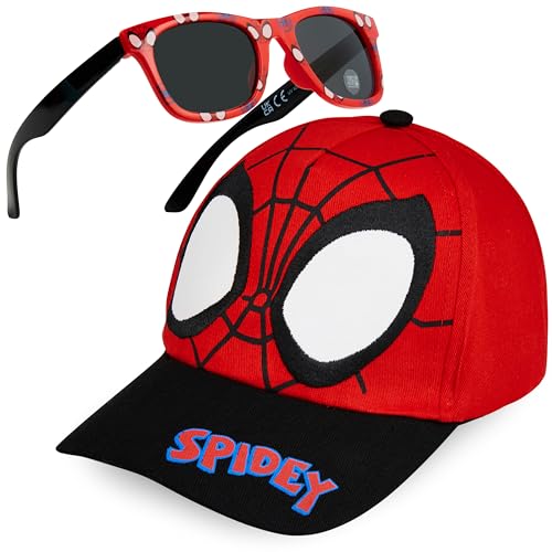 Marvel Spiderman Baseball Cap and Kids Sunglasses Set Breathable Adjustable Sun Hat 100% UV Summer Accessories Set Vacation Essentials Gifts for Boys (Black/Red)