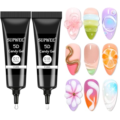 SUPWEE 3D Nail Art Gel - Korean 3D Tube Nail Sculpting Gel for DIY Carving, Drawing, Painting - Clear and Milky White