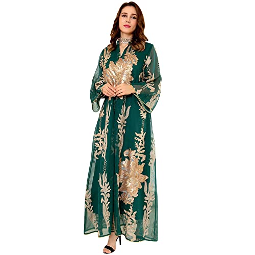 OBEEII Abayas for Women Muslim Abaya Long Sleeve Maxi Dress Loose Full Cover Islamic Dubai Robe Kaftan Abayas Green X-Large