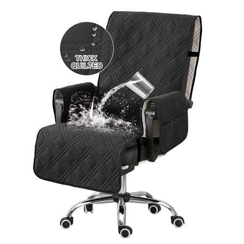 Turquoize Waterproof Office Chair Cover with Armrest Covers Black Computer Desk Chair Cover Quilted Office Chair Protector with Arms Office Chair Seat Cover Slipcover with Anti-Slip Buckle, Black