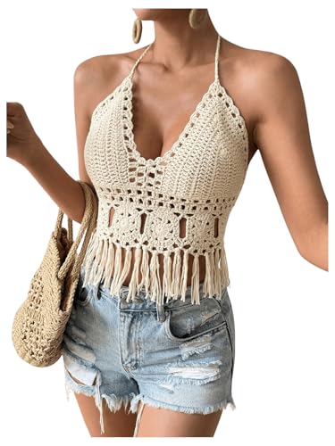 SOLY HUX Women's Crochet Tops Summer Sexy Knitted V Neck Sleeveless Camisole Halter Fringe Crop Top