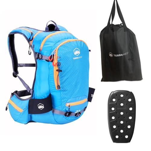TerraWest Core 22 Ski Backpack, Recco Reflector and Back Protector Installed, Backcountry Skiing, Snowboarding, Snowmobiling, Split Boarding (Ocean Blue/Orange)