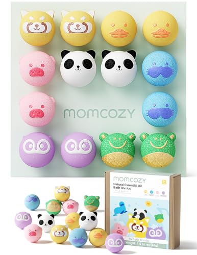 Momcozy Essential Oil Bath Bombs,14 Pcs Bubble Bath Fizzy Balls with 7 Cute Animal Shapes,Bath Bombs Gift Set for Kids Girls Boys Toddler, Ideal Gift for Children's Day, Bath Bomb Kit