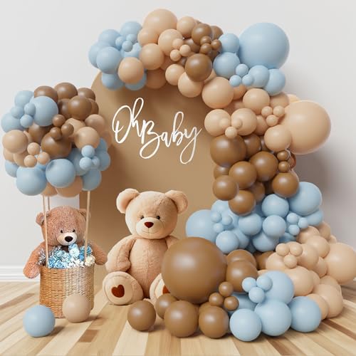 Teddy Bear theme Balloon Arch Kit Light Blue beige Tan and Brown Globos cream Ballon garland for Baby Shower Boy Decorations Gender Reveal Party Woodland Backdrop Supplies