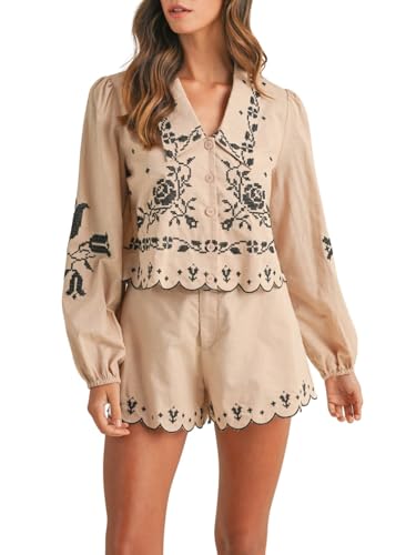 Yinawsky 2 Piece Outfits Floral Embroidery Long Sleeve V Neck Blouse and Shorts Sets Trendy Lounge Sets(0316-Khaki-S)