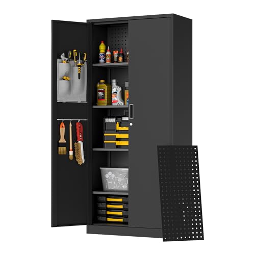 Washemba 71" Metal Garage Storage Cabinet, 2 Locked Doors and 5 Adjustable Shelves, can be Used for Storing Tools, consumables, Books, etc., for Office, Home, Garage, Gym, School (Black)