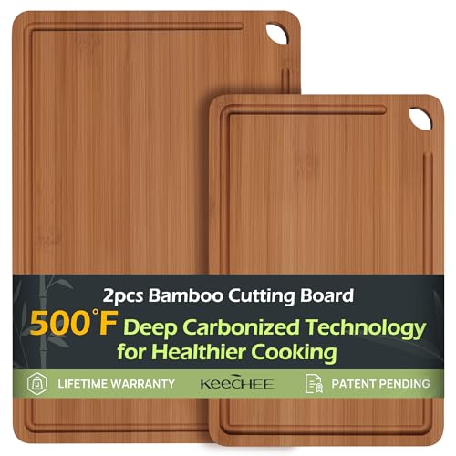 Keechee Butcher Block 2-Pcs Carbonized Bamboo Cutting Board Set With Juice Groove For Meal Prep & Cheese Serving - Ideal Kitchen Gift Set of 2 (M+L)