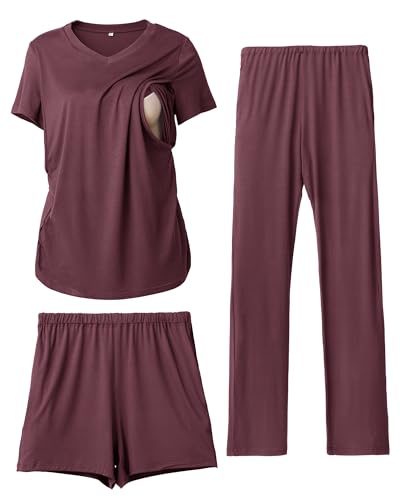 Rnxrbb 3 Piece Women's Maternity Nursing Pajamas Set V Neck Breastfeeding Pjs Sleepwear Postpartum Shorts&Pants Pockets,Dark purple XL
