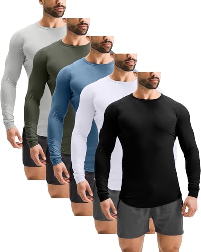 GYM REVOLUTION Men's 5 Pack Workout Gym Hipster Curved Hem Hip Hop Muscle Fitness Raglan Long Sleeve T Shirts Black White Blue Green Grey L