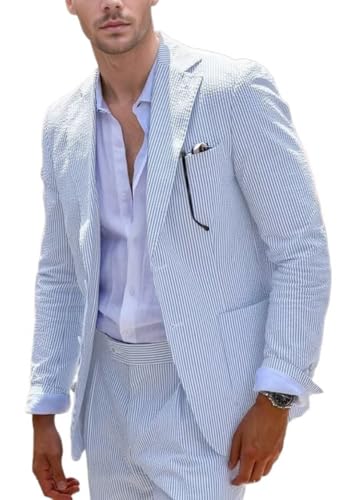 Aowdoy Mens Seersucker Suits 2 Pieces Casual Blue Sear Suit Suits for Men Slim Fit Summer Beach Wedding Party Suit Jacket Pants Light Blue 6XL