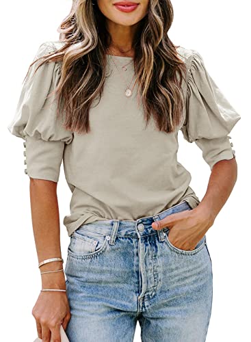 Ladies Summer Tops with Puffy Sleeves Blouses Womens Clothing Trends for 2022 (New-Beige,M)