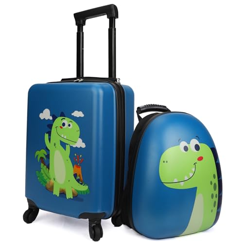 emissary Dinosaur Kids Suitcase for Boys, 18" Hardside Dinosaur Toddler Suitcase Set with Spinner Wheels and Backpack, Kids Carry on Luggage Set Rolling Travel Kid's Luggage Gifts Airline Approved