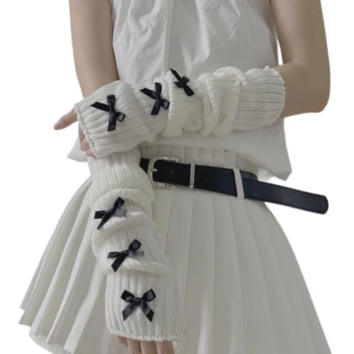 Fishjhan Cute Y2K Bow Arm Warmers Kawaii Half Finger Adorable Accesspties for Teen Girl Glove Gyaru Harajuku Arm Sleeve (White-Black)