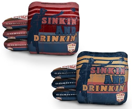 Deadeye Bags Professional Cornhole Set of 8 Regulation Duel-Sided: Slick & Stick Resin Filled Pro Bean Bags with 6 Hilarious Designs (Sinkin & Drinkin)