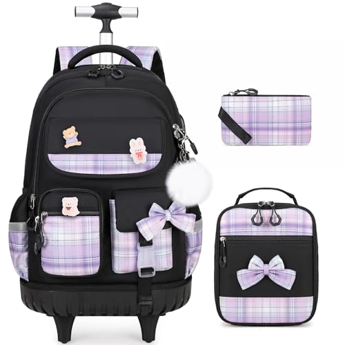 ACESAK Rolling Backpack for Girls - Roller Wheels School bag with Lunch Bag & Pencil Pouch for Teen Girls Kids Wheeled Suitcase Backpacks, Elementary Middle School Travel Daypack (Black Purple)