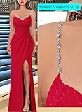 VFSHOW Womens 2024 Sexy Formal Prom Ruched Hight Slit Bead Spaghetti Strap Sweetheart Neck Evening Gown Glitter Silm Fit Bodycon Maxi Dress (Red, Small) 11181 RED S