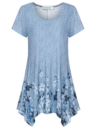Nandashe Womens Tops Dressy Casual Short Sleeve Summer Clothes Tunic Tops to Wear with Leggings Fashion Business Work Blouses Long Shirts Blue L