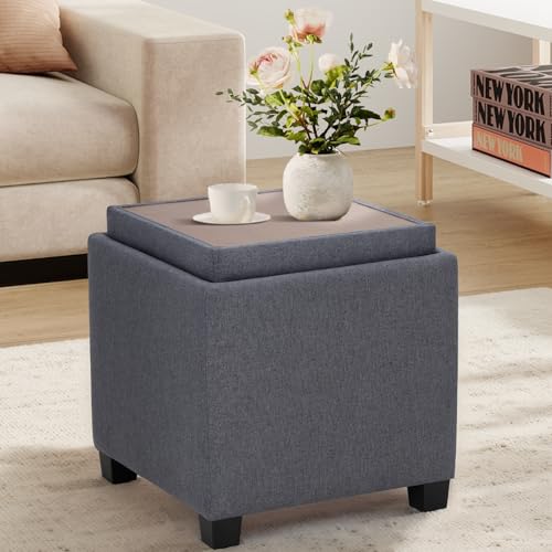 COLAMY Fabric Square Storage Ottoman with Reversible Tray Lid – Multi-Functional Footrest, Hidden Storage, Sturdy & Stylish Small Coffee Table for Living Room, Bedroom, or Entryway(Grey)