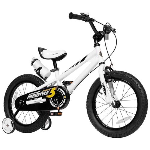 Royalbaby Freestyle Outdoor Children's Bicycle Dual Handbrakes Sporty Kid Bike with Training Wheels and Adjustable Seat, 14 Inch, White