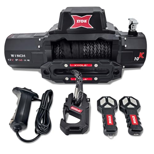 XYCLE 10000lbs Electric Winch 12V IP68waterproof Off-Road Vehicle Rescue winchs with2wireless Remote Controls and1/2"Synthetic Rope Suitable for Towing SUVs,Loggers,Trucks,Trailers,Jeeps,4WD(Black)