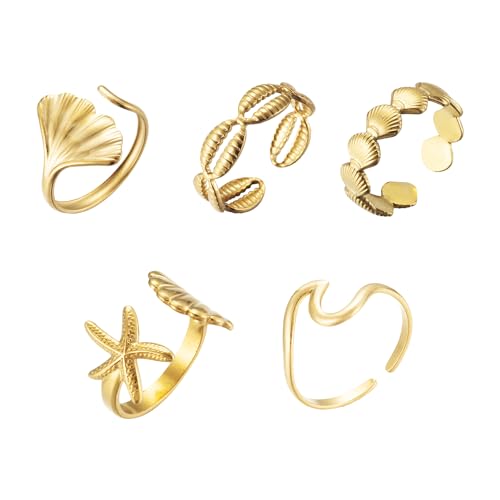 Yuoos 5PCS Gold Seashell Rings for Women Beach Surfer Starfish 18k Gold Dainty Seashell Wave Stacking Rings Summer Jewelry for Women