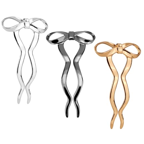 3pcs Metal Bow Hair Pins for Buns & Knots - Wavy French Bow Hairpins for Women - Buns Hair Styling Accessories (1 Gold, 1 Silver, 1 Black)