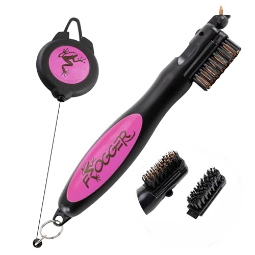 Frogger BrushPro Golf Club Cleaner with Ergonomic Grip and 2.5 ft. Retractable Cord, Pink - Sturdy Golf Club Brush and Groove Cleaner for Golfers