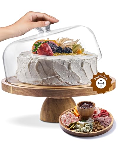 Homesphere Acacia Wood Cake Stand with Lid - 12in Round Cake Holder, 2-in-1 Dessert Table Display Set & Charcuterie Board for Cheese, Chips & Dips, Nachos, Fruit Platter, Large Acrylic Cake Dome Cover