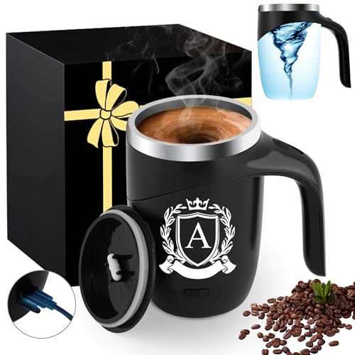 Initial Magnetic Stirring Coffee Mug with Lid Handle Automatic Self Electric Mixing Insulated Stainless Steel Spill Leak Proof Heavy Large Reusable Thermal Travel Tea Cup Camping Big Water Tumbler,A