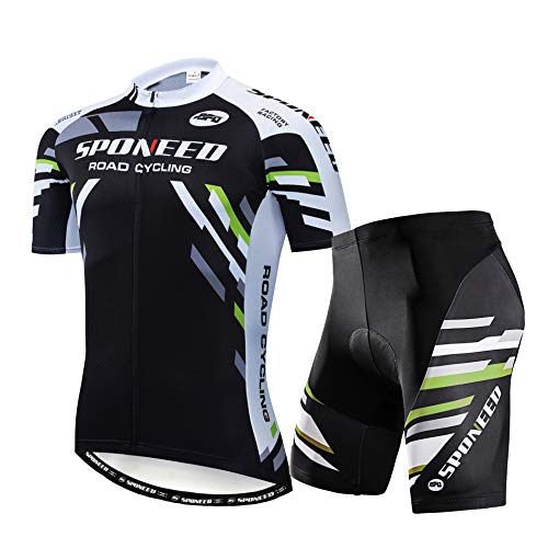 sponeed Men Suit Bicycle Jersey Full Zipper T Shirt Polo Bike Short Padded Cycling Kits Uniform US M Green Black