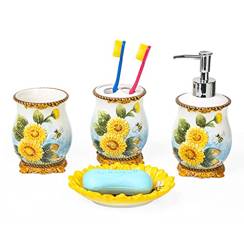 FORLONG Ceramic Sunflower Bathroom Accessories Set, 4 Piece Bathroom Ensemble Set with Toothbrush Holder, Toothbrush Cup, Soap Dispenser, Soap Dish