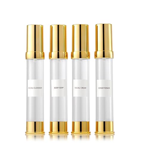 XQNCBY Golden Airless Pump Bottle Travel Set with Box Refillable Empty Cosmetic Pump Bottle Vacuum bottles for liquids such as Hand Soap,Toner,Foundation,Hair Oil,Lotion and Cream(1oz/30ml,4 Pack)