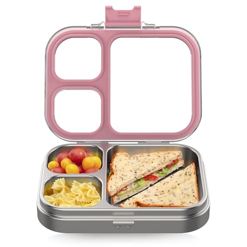 HOMEKOL Stainless Steel Lunch Box, 3 Compartments Metal Bento Box for Kids Adults, Leak-Proof Lunch Box for School Office, Dishwasher Safe, BPA-Free, Tritan Lid, Pink