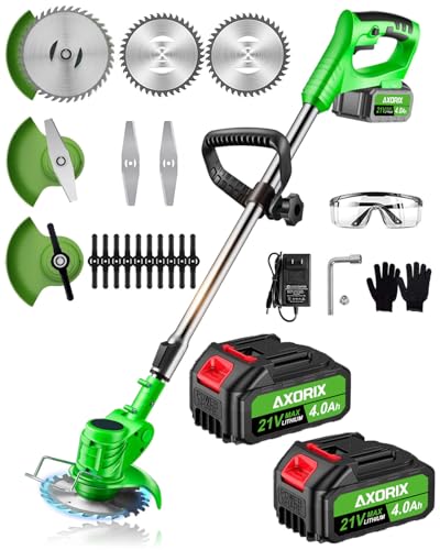 Electric Weed Wacker Cordless, with 2Pcs 4000mAh Batteries, 21V Cordless Brush Cutter, Lightweight Weed Cordless Eater Battery Powered, Stringless Grass Trimmer, 3 Types Blades (Green)