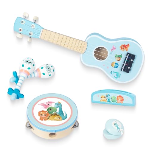 WoodenEdu Kids Guitar for Girls, Wooden Musical Instruments Toys with Ukulele, Tambourine, Maracas, Harmonica, Mini Band Sets for Toddlers 2 3 Years Old Birthday Gift (Blue for Boys)