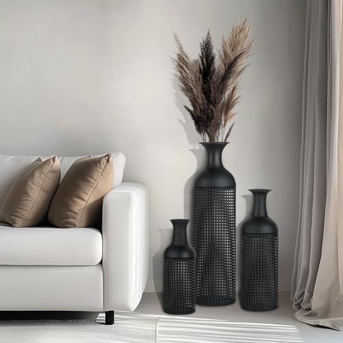 Sziqiqi Black Large Floor Vases: Tall Vases Floor Standing for Living Room 27/20/16in - Metal Tall Floor Vase Set of 3 - Modern Oversized Floor Vase for Bedroom Kitchen Fireplace Corner
